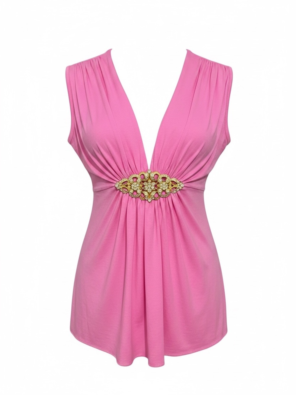Boston Proper Hot Pink Low V-Neck Gold Embellishment Romantic Top Sz S USA Made